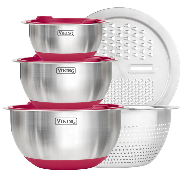 Viking 8-Piece Stainless Steel Mixing Bowl Prep Set with Strainer and Cutting Lid, Red