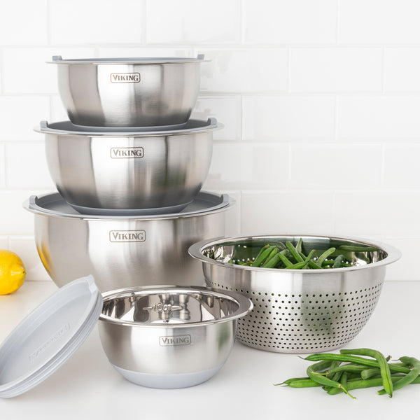 Viking 9-Piece Stainless Steel Mixing Bowl Set with Strainer, Gray