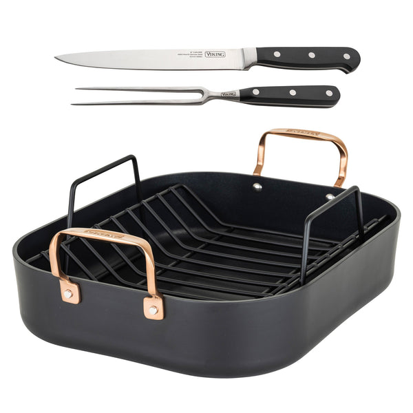 Viking Hard Anodized Nonstick Roaster with Copper Handles, Rack, and Bonus Carving Set