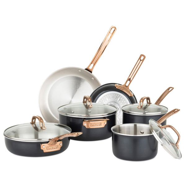 Viking 3-Ply 10 Piece Black and Copper Cookware Set with Glass Lids