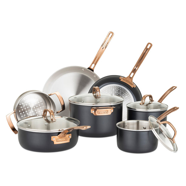 Viking 3-Ply 11 Piece Black and Copper Cookware Set with Glass Lids